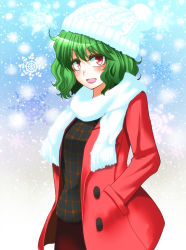 Rule 34 | 1girl, alternate costume, green hair, hands in pockets, hane (hanegoya), hat, jacket, kazami yuuka, looking at viewer, open clothes, open jacket, open mouth, red eyes, scarf, shirt, skirt, smile, snowing, solo, touhou, winter clothes
