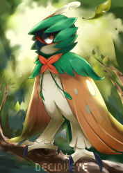 Rule 34 | character name, creatures (company), decidueye, feathered wings, feathers, game freak, gen 7 pokemon, highres, kenshih, leaf, nintendo, no humans, pokemon, pokemon (creature), pokemon sm, red eyes, solo, tree, wings