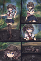 Rule 34 | 1girl, absurdres, blurry, blurry background, bottomless, brown hair, comic, commentary request, flying sweatdrops, frown, hair between eyes, hat, highres, looking down, midriff, miniskirt, motion lines, nero augustus, open mouth, original, outdoors, panels, path, plant, ponytail, quicksand, road, sailor collar, school uniform, serafuku, sidelocks, sinking, skirt, struggling, submerged, sweatdrop, tearing up, thighhighs