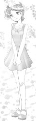 Rule 34 | 1girl, absurdres, antenna hair, back bow, bandaid, bandaid on leg, bare shoulders, bow, bowtie, collarbone, dress, fish background, full body, greyscale, head tilt, highres, leaf, leaf background, light smile, looking at viewer, monochrome, original, own hands together, shirokuro jakko, short hair, sleeveless, sleeveless dress, solo, standing