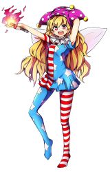 Rule 34 | 1girl, absurdres, american flag dress, american flag legwear, armpits, baba (baba seimaijo), blonde hair, clownpiece, dress, fairy wings, full body, hat, highres, jester cap, long hair, open mouth, pantyhose, parody, pink eyes, print dress, short dress, smile, solo, striped clothes, striped dress, striped pantyhose, style parody, torch, touhou, transparent background, very long hair, wings