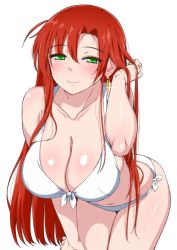 Rule 34 | 1girl, bare arms, bare shoulders, bent over, bikini, blush, boudica (fate), boudica (third ascension) (fate), breasts, cleavage, closed mouth, collarbone, cowboy shot, earrings, fate/grand order, fate (series), foreshortening, front-tie bikini top, front-tie top, glint, green eyes, hair between eyes, half-closed eyes, hand in own hair, hanging breasts, jewelry, komusou (jinrikisha), large breasts, legs together, long hair, looking at viewer, pink lips, red hair, ribbon, shiny skin, side-tie bikini bottom, skindentation, smile, solo, straight hair, swimsuit, thighs, tsurime, very long hair, white bikini, white ribbon