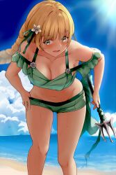 Rule 34 | 1girl, absurdres, bare shoulders, beach, bikini, blonde hair, blue sky, breasts, cleavage, cloud, commentary request, day, feet out of frame, fire emblem, fire emblem: three houses, fire emblem heroes, flower, green bikini, green eyes, green ribbon, green shorts, hair flower, hair ornament, hair ribbon, highres, holding, holding polearm, holding weapon, ingrid brandl galatea, leaning forward, long hair, looking at viewer, medium breasts, navel, nintendo, ocean, off-shoulder bikini, off shoulder, official alternate costume, open mouth, polearm, ribbon, sail (sail-away), short shorts, short sleeves, shorts, sky, solo, standing, stomach, swimsuit, thighs, trident, water, weapon, white flower