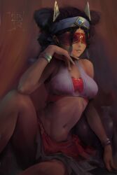 Rule 34 | 1girl, absurdres, artist name, bikini, bikini top only, black hair, bracelet, braid, braided bangs, breasts, colored tips, commentary, dark-skinned female, dark skin, english commentary, eremite desert clearwater (genshin impact), genshin impact, grey hair, grey headband, grey skirt, hand on own chest, headband, highres, jewelry, leaning to the side, midriff, multicolored hair, navel, parted lips, ravine bells, red blindfold, red skirt, red tube top, skirt, small breasts, smile, solo, strapless, swimsuit, tube top, twintails, white bikini