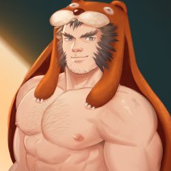 Rule 34 | 1boy, abs, animal hood, arbbun, bara, bare pectorals, character request, chest hair, commentary request, copyright request, facial hair, goatee, highres, hood, large pectorals, long sideburns, male focus, mature male, muscular, muscular male, nipples, pectorals, short hair, sideburns, smile, solo, stubble, thick eyebrows, upper body