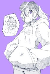 Rule 34 | 1girl, alternate costume, baseball cap, bright pupils, blowing bubbles, chewing gum, clothes writing, contemporary, cowboy shot, drawstring, greyscale, greyscale with colored background, gurajio, hair between eyes, hands in pockets, hat, highres, hood, hoodie, long hair, long sleeves, looking at viewer, monochrome, mononobe no futo, pants, plate, ponytail, purple background, purple eyes, simple background, solo, standing, touhou, translation request, white pupils