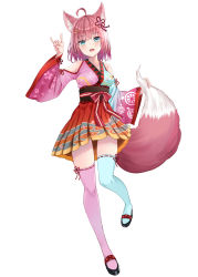 Rule 34 | 1girl, :d, ahoge, akino ell, animal ear fluff, animal ears, asymmetrical legwear, bare shoulders, black footwear, blue eyes, blue kimono, blue thighhighs, blush, breasts, character request, clothing cutout, commentary request, fox ears, fox girl, fox shadow puppet, fox tail, full body, hair ornament, hairclip, hakama, hakama short skirt, hakama skirt, hand up, highres, indie virtual youtuber, japanese clothes, kimono, long sleeves, looking at viewer, medium breasts, mismatched legwear, obi, open mouth, pink hair, pink kimono, pink thighhighs, red hakama, ribbon-trimmed legwear, ribbon trim, sash, shoes, shoulder cutout, simple background, skirt, smile, solo, standing, standing on one leg, tail, thighhighs, virtual youtuber, white background, wide sleeves