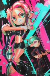 Rule 34 | 1boy, 1girl, afro, aoki (fumomo), bare arms, bare shoulders, black footwear, black pants, black skirt, blue eyes, blue hair, boots, hand on own hip, inkbrush (splatoon), long hair, miniskirt, navel, nintendo, octoling, octoling boy, octoling girl, octoling player character, over shoulder, pants, red eyes, red hair, skirt, smile, splatoon (series), splatoon 2, splatoon 2: octo expansion, standing, star (symbol), suction cups, tentacle hair
