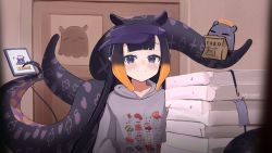 Rule 34 | 1girl, black eyes, black hair, blush, closed mouth, commentary, english commentary, gradient hair, grey eyes, grey hoodie, highres, hololive, hololive english, hood, hoodie, long hair, looking at viewer, marvel, meme, mole, mole under eye, multicolored hair, ninomae ina&#039;nis, orange hair, pizza box, pizza delivery, pizza time (meme), pointy ears, ryoya, sidelocks, smile, solo, spider-man (series), spider-man 2, takodachi (ninomae ina&#039;nis), tentacle hair, tentacles, very long hair, virtual youtuber, visor cap