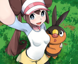 Rule 34 | 1girl, :d, black pantyhose, blue eyes, blurry, blush, breast press, breasts, brown hair, creatures (company), depth of field, double bun, game freak, gen 5 pokemon, grass, hair bun, looking at viewer, nintendo, open mouth, outdoors, outstretched arm, pantyhose, pokemon, pokemon (creature), pokemon bw2, puffy shorts, rosa (pokemon), shorts, smile, squid neetommy, tepig, twintails, visor cap, yellow shorts