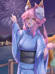 Rule 34 | 1girl, absurdres, aerial fireworks, animal ear fluff, animal ears, blue kimono, breasts, fate/extra, fate/grand order, fate (series), festival, fireworks, fox ears, fox girl, fox mask, fox tail, highres, japanese clothes, kamehito, kimono, large breasts, looking at viewer, mask, night, night sky, obi, open mouth, pink hair, pointing, sash, senkou hanabi, sky, solo, sparkler, tail, tamamo (fate), tamamo no mae (fate/extra), yellow eyes, yukata