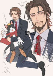 Rule 34 | 1boy, black footwear, black jacket, black pants, black suit, brown eyes, brown hair, cait sith (ff7), cape, cat, closed eyes, collared shirt, crown, dress shoes, facial hair, fangs, final fantasy, final fantasy vii, final fantasy vii remake, formal, gloves, goatee, jacket, looking at viewer, male focus, medium hair, mini crown, necktie, open mouth, pants, parted bangs, red cape, red necktie, reeve tuesti, shirt, simple background, smile, suit, suit jacket, toujou sakana, twitter username, two-tone fur, white gloves, white shirt