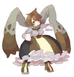Rule 34 | 10s, 1girl, bad id, bad pixiv id, brown hair, clenched hands, creatures (company), diggersby, dress, game freak, gen 6 pokemon, gloves, lemming no suana, nintendo, personification, pokemon, pokemon xy, scarf, shoes, simple background, solo, tawashi shipposan