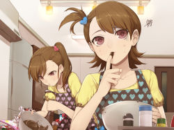 Rule 34 | 2girls, apron, bowl, brown eyes, brown hair, chocolate, finger to mouth, flipped hair, futami ami, futami mami, hair ornament, heart, heart hair ornament, heart print, hitoto, idolmaster, idolmaster (classic), long hair, mixing bowl, multiple girls, revision, short hair, siblings, side ponytail, sisters, skull, squiggle, sweat, symbol-shaped pupils, tasting, twins, whisk