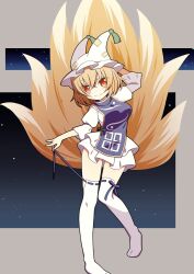 Rule 34 | 1girl, arm behind head, blonde hair, breasts, closed mouth, dress, fox tail, grey background, hat, hekkmushi, highres, kitsune, looking at viewer, mob cap, multiple tails, orange eyes, red eyes, short hair, short sleeves, smile, solo, tabard, tail, thighhighs, touhou, white dress, white hat, white thighhighs, yakumo ran