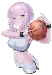 Rule 34 | 1girl, ball, bare arms, bare shoulders, basketball (object), blunt bangs, breasts, character request, cleavage, copyright request, crop top, dolphin shorts, highres, holding, holding ball, large breasts, looking at viewer, midriff, navel, parted lips, pink eyes, pink hair, short hair, shorts, simple background, solo, sports bra, sthk, stomach, white background, white shorts