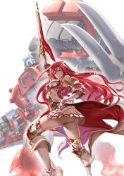 Rule 34 | 1girl, ass, bare shoulders, blue eyes, breasts, cleavage, crossover, elbow gloves, gauntlets, gloves, godsworn alexiel, granblue fantasy, hair between eyes, hair ornament, large breasts, long hair, looking at viewer, mecha, name connection, red hair, robot, skirt, solo, sword, thighhighs, very long hair, weapon, zunta
