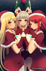 Rule 34 | 3girls, blonde hair, breasts, christmas, cleavage, dress, hat, highres, kamaniki, large breasts, multiple girls, mythra (xenoblade), nia (blade) (xenoblade), nia (xenoblade), pyra (xenoblade), santa dress, santa hat, xenoblade chronicles (series), xenoblade chronicles 2, yellow eyes