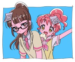 Rule 34 | 2girls, :d, arm up, baozi, black-framed eyewear, blue background, blunt bangs, border, brown eyes, brown hair, closed mouth, collared shirt, commentary, cropped torso, food, glasses, happy birthday, holding, holding food, long hair, looking at viewer, minami mirei, multiple girls, neckerchief, necktie, open mouth, outstretched arm, paper on head, paprika private academy school uniform, pink neckerchief, pink necktie, ponytail, pretty series, pripara, pun, red hair, rituyama1, sailor collar, school uniform, semi-rimless eyewear, shiratama mikan, shirt, short sleeves, smile, symbol-only commentary, upper body, vest, white border, white sailor collar, white shirt, yellow eyes, yellow vest