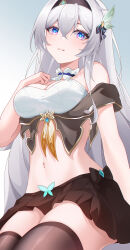 Rule 34 | 1girl, absurdres, adapted costume, bare shoulders, black bow, black hairband, black skirt, black thighhighs, blue eyes, blue pupils, bow, breasts, chinese commentary, cleavage, collar, commentary request, cropped jacket, detached collar, firefly (honkai: star rail), hair between eyes, hair bow, hair ornament, hairband, highres, honkai: star rail, honkai (series), jacket, large breasts, long hair, looking at viewer, midriff, navel, neckerchief, open clothes, open jacket, parted lips, purple eyes, sitting, skirt, solo, strapless, thighhighs, tube top, two-tone eyes, very long hair, white collar, white tube top, yellow neckerchief, ziluolan jia de mao