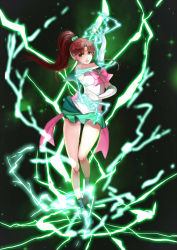 Rule 34 | 1girl, :o, ankle boots, bishoujo senshi sailor moon, boots, bow, brooch, brown hair, cross-laced footwear, douyougen, earrings, elbow gloves, electricity, electrokinesis, flower earrings, full body, gloves, green eyes, green footwear, green skirt, hair bobbles, hair ornament, heart, heart brooch, highres, jewelry, kino makoto, lace-up boots, long hair, magical girl, pink bow, ponytail, sailor collar, sailor jupiter, serious, sidelocks, skirt, solo, super sailor jupiter, tiara, white gloves