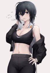 Rule 34 | 1girl, absurdres, black hair, black jacket, black sports bra, blue eyes, breasts, cigarette holder, cleavage, clothes pull, collarbone, feet out of frame, hand on own hip, highres, holding, holding towel, jacket, jacket pull, long hair, long sleeves, looking at viewer, mea (hwaksal), medium breasts, mouth hold, navel, nike (company), open clothes, open jacket, open mouth, original, pants, smoke, smoking, solo, sports bra, standing, sweat, towel, towel around neck, track jacket, white background, yoga pants, yokoyama ishimi