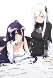 Rule 34 | 2girls, absurdres, albedo (overlord), black dress, black eyes, black feathers, black hair, black wings, breasts, butterfly hair ornament, camui1104, cleavage, closed mouth, colored eyelashes, commission, crossover, demon girl, demon horns, dress, echidna (re:zero), elbow gloves, feathered wings, feathers, gloves, hair ornament, highres, horns, long hair, looking at viewer, low wings, medium breasts, multiple girls, overlord (maruyama), pixiv commission, re:zero kara hajimeru isekai seikatsu, slit pupils, smile, thick eyelashes, white gloves, white hair, white horns, wings, yellow eyes