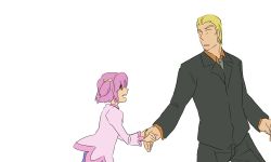 Rule 34 | 00s, 1boy, 1girl, age difference, blonde hair, bunbee, formal, necktie, open mouth, pink eyes, pink hair, precure, suit, white background, yes! precure 5, yumehara nozomi