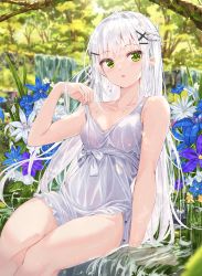 Rule 34 | 1girl, :o, absurdres, arm support, bare arms, bare shoulders, blue flower, blush, braid, collarbone, day, dress, flower, flower request, frilled dress, frills, green eyes, hair ornament, hairclip, highres, long hair, looking at viewer, na kyo, nature, original, outdoors, parted lips, pink flower, purple flower, sitting, solo, strap lift, sundress, thighs, tree, very long hair, water, water drop, white dress, white flower, white hair, x hair ornament