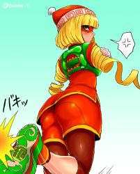 Rule 34 | 1girl, @ @, anger vein, arms (game), ass, bike shorts, blonde hair, blue background, blush, bob cut, domino mask, food, from behind, green eyes, highres, leggings, leggings under shorts, long arms, looking at viewer, mask, min min (arms), noodles, pantyhose, shoes, shorts, simple background, sneakers, spoken anger vein, sweatdrop, takobe, twitter username
