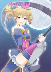 Rule 34 | 00s, 1girl, armor, bad id, bad pixiv id, bare shoulders, blonde hair, blue eyes, drill hair, finger to mouth, full moon, greaves, hair ornament, koihime musou, licking, moon, night, night sky, scythe, sky, solo, sousou (koihime musou), star (sky), thighhighs, tongue, tongue out, tsumura chita, twin drills, twintails