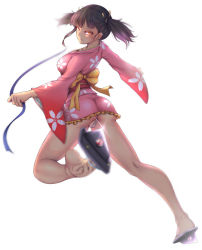 Rule 34 | 10s, 1girl, ass, backlighting, bare legs, barefoot, blunt bangs, bow, brown hair, closed mouth, collarbone, earrings, feet, floral print, frilled kimono, frills, from behind, full body, geta, glint, highres, japanese clothes, jewelry, kimono, kneepits, koutetsujou no kabaneri, lips, long sleeves, md5 mismatch, microskirt, mumei (kabaneri), nikuku (kazedesune), orange bow, orange eyes, panties, partially visible vulva, running, sandals, sash, shoes, short hair, short kimono, short twintails, simple background, single shoe, skirt, smile, soles, solo, stud earrings, thong, toe scrunch, toes, twintails, underwear, white background, white panties