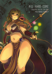 Rule 34 | 1girl, armor, breasts, cleavage, curvy, earrings, gloves, green eyes, green hair, highres, jewelry, large breasts, matching hair/eyes, mil (xration), outstretched arm, outstretched hand, ragnarok online, reaching, sage (ragnarok online), solo, staff, weapon