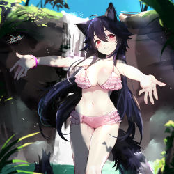 Rule 34 | 1girl, ahoge, alternate breast size, animal ears, bare arms, bare shoulders, bikini, black hair, blush, breasts, cleavage, collarbone, day, ejami, ekko (ejami), feet out of frame, fox ears, fox girl, fox tail, hair between eyes, head tilt, large breasts, layered bikini, long hair, looking at viewer, original, outdoors, outstretched arms, parted lips, pink bikini, plaid, plaid bikini, red eyes, signature, smile, solo, standing, steam, swimsuit, tail, thigh gap, thighs, very long hair, water, waterfall, wristband