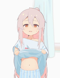 Rule 34 | 1girl, absurdres, brown eyes, clothes lift, commentary, curtains, hair between eyes, highres, indoors, lifted by self, long hair, looking at viewer, male underwear, navel, off shoulder, onii-chan wa oshimai!, open mouth, oversized clothes, oversized shirt, oyama mahiro, pink hair, shirt, shirt lift, short sleeves, single bare shoulder, solo, stomach, straight hair, striped male underwear, sweatdrop, t-shirt, underwear, very long hair, yama h15