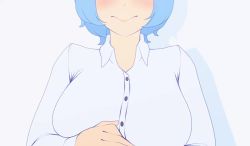 Rule 34 | 1girl, animated, blouse, blue eyes, blue hair, bouncing breasts, breasts, censored, censored nipples, closed mouth, collared shirt, flashing, head out of frame, large breasts, no bra, novelty censor, open clothes, open shirt, popped button, retweet (meme), shirt, short hair, solo, theobrobine, torn clothes, twitter, upper body, video, white shirt