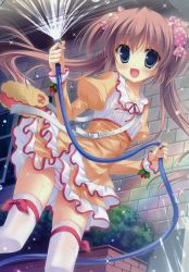 Rule 34 | 1girl, :d, absurdres, bag, blue eyes, brick wall, brown hair, buckle, bush, collarbone, covered erect nipples, dengeki hime, dress, fang, flat chest, food-themed hair ornament, frilled dress, frills, from below, hair ornament, highres, hose, huge filesize, juliet sleeves, long hair, long sleeves, looking at viewer, midori no umi, nipples, open mouth, outdoors, panties, pantyshot, plant, polka dot, puffy sleeves, rainbow, see-through, shoulder bag, smile, solo, sparkle, spray, striped clothes, striped panties, thighhighs, tsumugi (midori no umi), twintails, underwear, upskirt, water, water drop, wet, wet clothes, white thighhighs, window, yellow dress, yukie (peach candy)