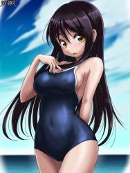 Rule 34 | 1girl, black hair, blue one-piece swimsuit, blue sky, blurry, blurry background, breasts, cameltoe, character request, cloud, commentary request, competition school swimsuit, covered erect nipples, covered navel, cowboy shot, dairoku ryouhei, day, horizon, large breasts, long hair, looking at viewer, ocean, one-piece swimsuit, open mouth, outdoors, rohitsuka, school swimsuit, signature, sky, solo, swimsuit, wet, wet clothes, wet swimsuit, yellow eyes