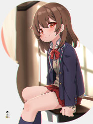 Rule 34 | 1girl, black jacket, black socks, blazer, blurry, blurry background, blush, bow, brown cardigan, brown eyes, brown hair, cardigan, closed mouth, collared shirt, commentary, commission, depth of field, dress shirt, english commentary, feet out of frame, hair between eyes, highres, jacket, kuro kosyou, long sleeves, looking at viewer, open clothes, open jacket, original, pleated skirt, red bow, red skirt, shirt, sitting, skeb commission, skirt, sleeves past wrists, smile, socks, solo, white shirt