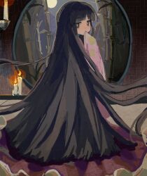 Rule 34 | 1girl, bamboo, black eyes, black hair, blunt bangs, bright pupils, candle, full moon, highres, hime cut, houraisan kaguya, long hair, looking back, moon, night, pink shirt, red skirt, shirt, skirt, sleeves past fingers, sleeves past wrists, solo, touhou, very long hair, white pupils, youshouhaoxianzhe