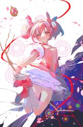 Rule 34 | 1girl, abstract background, absurdres, blush, bow, bow (weapon), commentary, dress, full body, hair bow, highres, holding, holding bow (weapon), holding weapon, jumping, kaname madoka, kikinoki, kneehighs, looking at viewer, looking back, mahou shoujo madoka magica, mahou shoujo madoka magica (anime), parted lips, petals, pink bow, pink dress, pink eyes, pink footwear, pink hair, purple background, red ribbon, ribbon, socks, solo, soul gem, twintails, twisted torso, weapon, white background, white socks