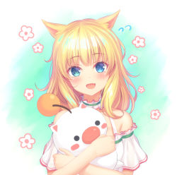 Rule 34 | 1girl, :d, animal ears, bad id, bad pixiv id, bare shoulders, blonde hair, blue eyes, blush, cat ears, hugging doll, fang, final fantasy, final fantasy xiv, highres, long hair, looking at viewer, miqo&#039;te, moogle, mutsuba fumi, hugging object, open mouth, smile, solo