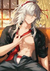 1boy absurdres bench bird black_pants black_shirt chinnpou closed_mouth fingernails grey_hair hair_ribbon harness highres honkai:_star_rail honkai_(series) jing_yuan long_hair long_sleeves looking_at_viewer male_focus muscular muscular_male necktie nipples pants red_necktie red_ribbon ribbon shirt sitting sleeves_rolled_up solo tree twitter_username underwear undone_necktie unzipped watermark window yellow_eyes