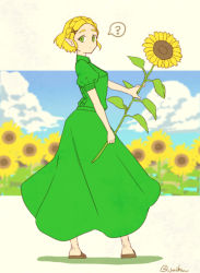 1girl, ?, alternate costume, bangs, blonde hair, blue sky, braid, breasts, closed mouth, cloud, cloudy sky, collared dress, commentary request, day, dress, flower, framed, from behind, green dress, green eyes, hair ornament, holding, holding flower, long dress, looking at viewer, looking back, nintendo, parted bangs, pointy ears, princess zelda, puffy short sleeves, puffy sleeves, saiba (henrietta), sandals, short hair, short sleeves, sky, solo, standing, sunflower, the legend of zelda, the legend of zelda: breath of the wild, twitter username, x hair ornament