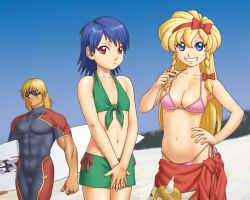 Rule 34 | 1boy, 2girls, abs, bad id, bad pixiv id, bare shoulders, beach, bikini, bikini skirt, blonde hair, blue eyes, blue hair, bodysuit, bow, braid, breasts, carrie fernandez, castlevania (series), castlevania: legacy of darkness, castlevania: rondo of blood, cleavage, covering privates, crossover, day, diving suit, embarrassed, flat chest, galamoth, greendragon, grin, hair bow, hairband, hand on own hip, hip focus, long hair, maria renard, medium breasts, miniskirt, multiple girls, multiple hair bows, muscular, navel, outdoors, red eyes, ribbon, sarong, short hair, shun (greendragon), side-tie bikini bottom, simon belmont, skin tight, skirt, sky, small breasts, smile, standing, strap lift, sunglasses, surfboard, swimsuit, tankini, twin braids, v arms, wetsuit