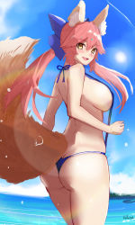 Rule 34 | 1girl, absurdres, animal ear fluff, animal ears, ass, bikini, black one-piece swimsuit, black slingshot swimsuit, blue bow, blue ribbon, blush, bow, breasts, butt crack, dodoitu, fang, fate/extra, fate/grand order, fate (series), fox ears, fox girl, fox tail, highres, large breasts, long hair, looking at viewer, nature, ocean, one-piece swimsuit, open mouth, outdoors, pink hair, ribbon, sideboob, signature, slingshot swimsuit, solo, split ponytail, swimsuit, tail, tamamo (fate), tamamo no mae (fate/extra), yellow eyes, zanshomimai
