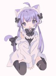 Rule 34 | 1girl, ahoge, animal ear fluff, animal ears, bandaid, bandaid on clothes, bandaid on leg, bell, between legs, black bow, black bowtie, black ribbon, black thighhighs, bow, bowtie, cat ears, cat girl, cat tail, collar, collared shirt, cuts, daizu (melon-lemon), detached ahoge, dress shirt, frilled collar, frills, full body, hair bell, hair bow, hair ornament, hand between legs, heart, heart in eye, highres, injury, jingle bell, long hair, long sleeves, looking at viewer, maid headdress, neck bell, off shoulder, open clothes, open mouth, open shirt, original, purple eyes, purple hair, ribbon, self-harm, shirt, sidelocks, simple background, sitting, sleeves past wrists, solo, sweat, symbol in eye, tail, tail bow, tail ornament, tail ribbon, tareme, thighhighs, v arms, very long hair, wariza, white background, white shirt