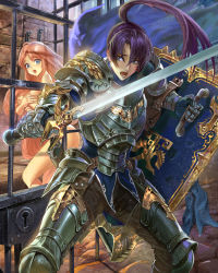 Rule 34 | 1boy, 1girl, :o, armor, ass, blue cape, blue eyes, blush, breastplate, cape, chain, covering privates, covering breasts, ggozira, highres, holding, holding shield, holding sword, holding weapon, indoors, lock, long hair, nude, official art, ponytail, purple hair, shield, standing, sword, tenkuu no crystalia, very long hair, weapon