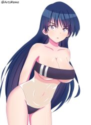 Rule 34 | 1girl, absurdres, anger vein, artist name, artsreme, bad id, bad pixiv id, bare shoulders, bikini, black bikini, black one-piece swimsuit, blush, breasts, cleavage, collarbone, cowboy shot, gris swimsuit, highres, large breasts, long hair, looking at viewer, meme attire, navel, one-piece swimsuit, simple background, solo, swimsuit, white background, wide-eyed, yamada tae, zombie land saga, zombie land saga gaiden