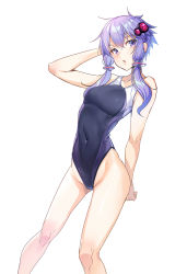 Rule 34 | 1girl, absurdres, ajishio, bare shoulders, breasts, competition swimsuit, covered navel, hair ornament, highres, looking at viewer, one-piece swimsuit, parted lips, purple eyes, purple hair, short hair with long locks, simple background, solo, swimsuit, voiceroid, white background, yuzuki yukari